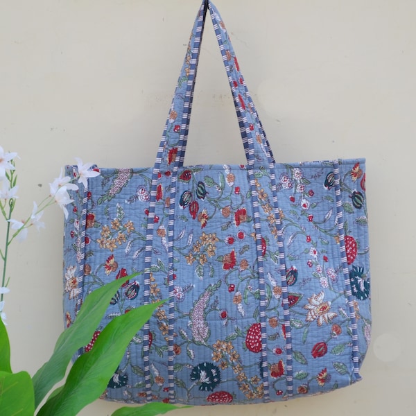 Indian Hand Block Print Cotton Quilted Tote Bag, Block Print Shoulder Bag, Perfect for gifts, Christmas Present, Travel Bag, Hand Bags Etc