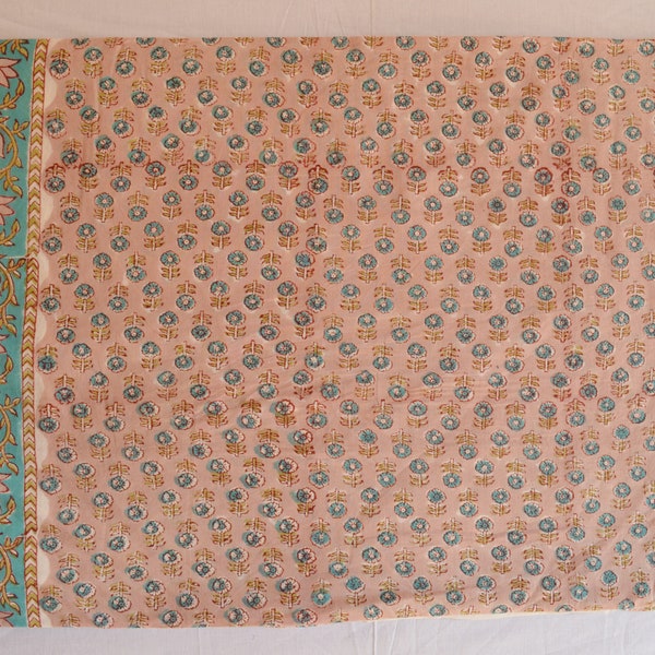 Peach Floral Block Print Fabric, Dressmaking Fabric, Indian Cotton Fabric, Soft Cotton Fabric For Dresses By The Yard, Womens Clothing Craft