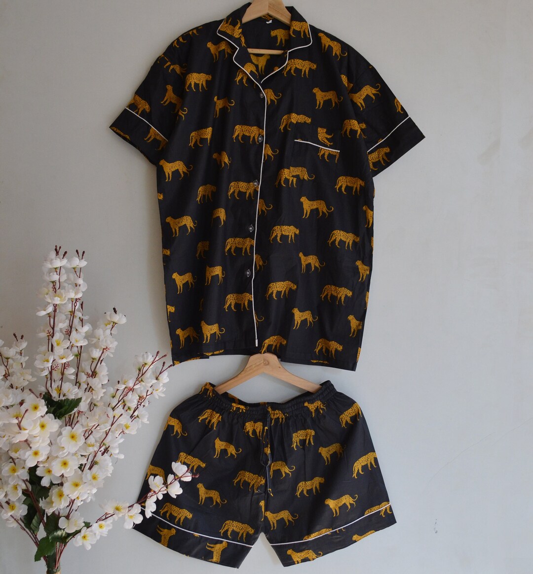 Tiger Print Pajamas Cotton Gown Pyjamas Set, Nightwear Animal Print