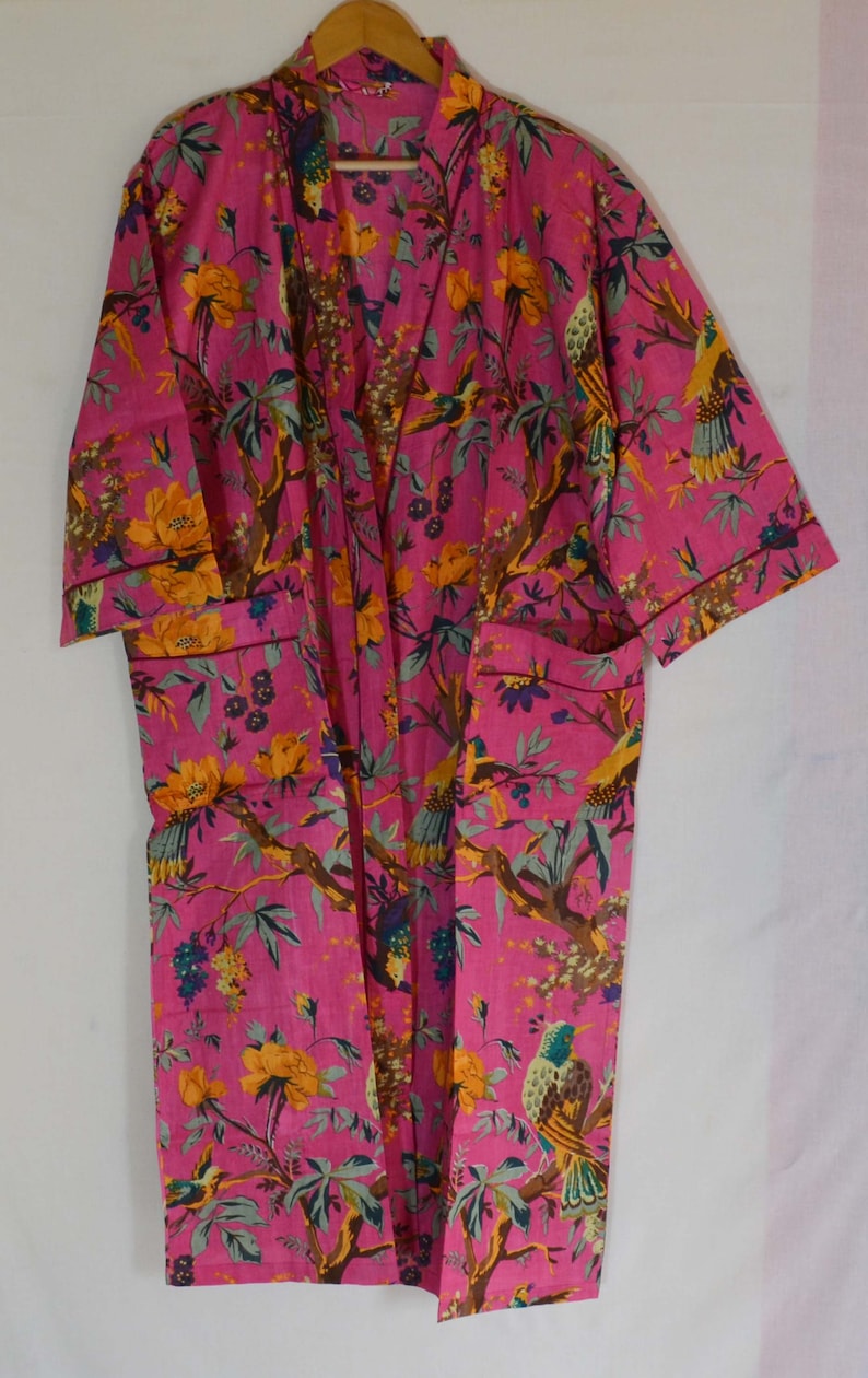 Indian Hand Block Print Kimono Robe Long Kimono Dressing Gown Bathrobe Cotton Kimono Dress Beach Wrap Cover Up Kaftan For Women,Kimono