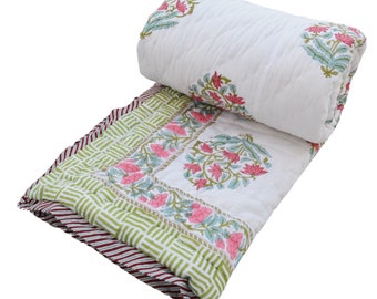 Indian Handmade Flower Print Razai Quilt, Voile Cotton Block Printed Bedspread Throw Blanket, Winter Warm Razai Bedding Bed Cover Quilted