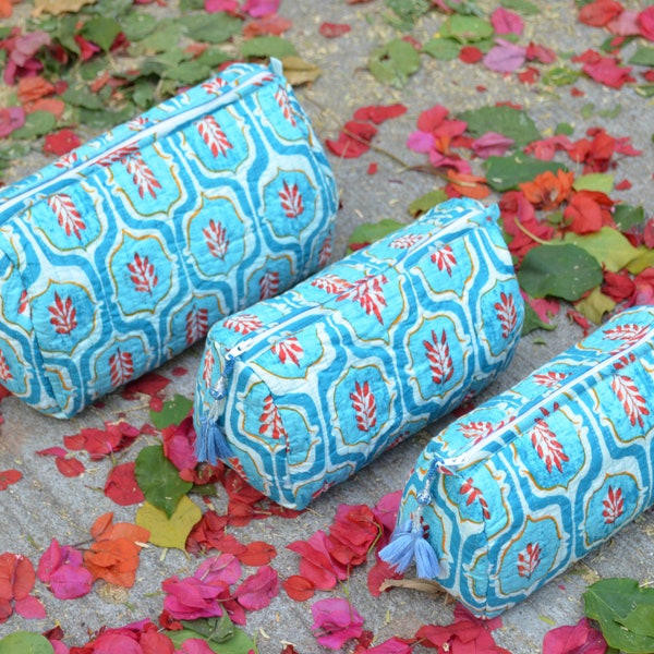 Big Sale !! Indian Cotton Toiletry Bags/ Quilted Wash Bags/ Set of 3 Pieces Toiletry Bag/ Hand Block Print Cosmetic Bag/ Women Pouches Etc