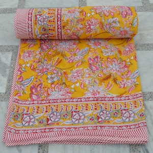 Indian Dohar !! Indian Handmade Block Floral Print Reversible Dohar, Ac Blanket, Cotton Dohar, Jaipuri Quilt, Hand Work Cotton Quilt Bedding