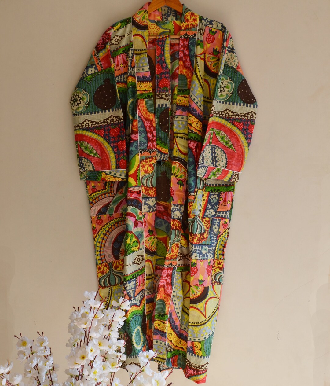 Block Mix Print Indian Handmade Multicolor Night Robes, Gifts for Her, Beach Cover up Robe