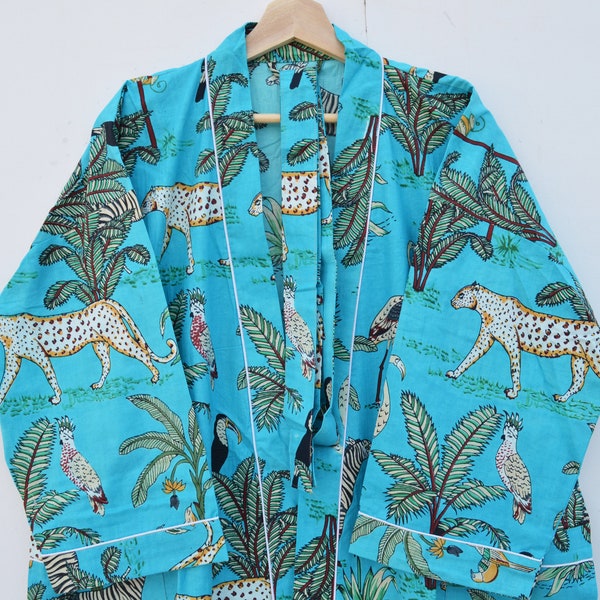 Robe kimono tenue de nuit, kimono fait main en voile de coton indien, robe maillot de bain pour femme, kimono à imprimé bloc, robe de soirée