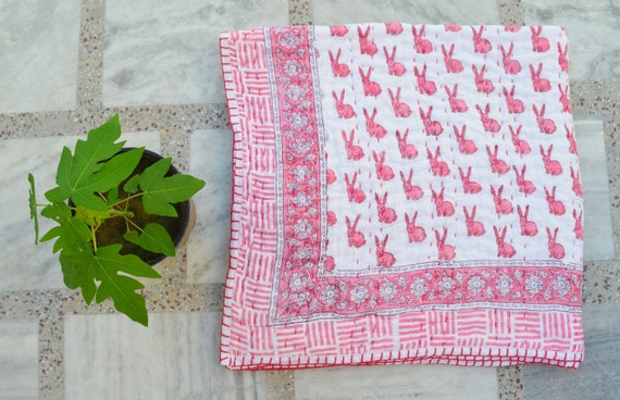 Indian Handmade Soft Cotton Baby Quilt Block Print New Jaipuri
