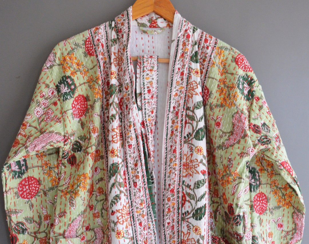 Traditional Kantha Quilted Kimono Indian Handmade Cotton Fabric