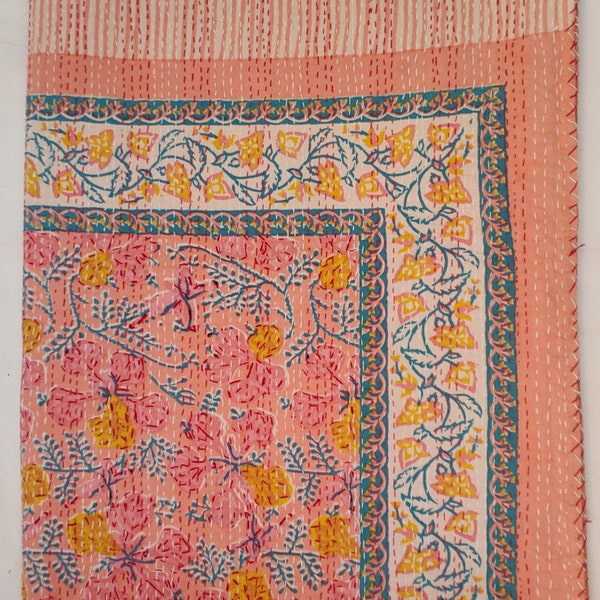 Couvre-lit indien fait main 100 % coton queen-size imprimé par bloc, couvre-lit, points Kantha, couvre-lit Gudari matelassé, couverture confortable