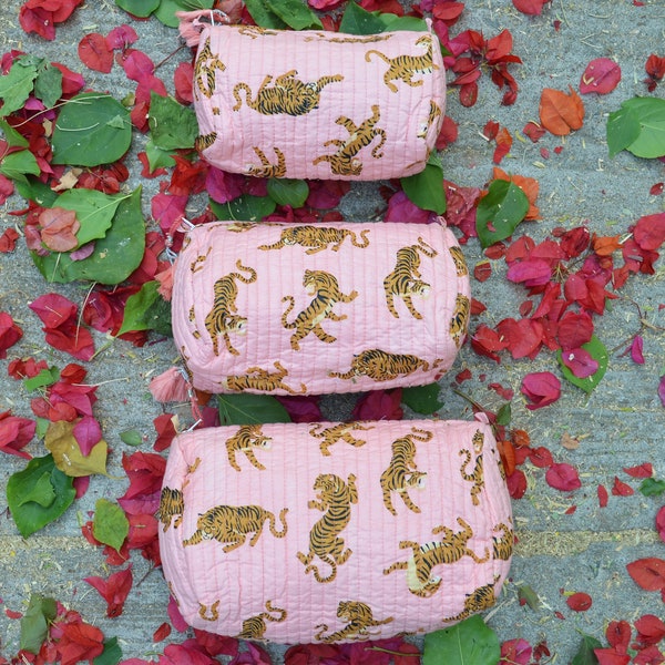 Set Of 3 Pieces Toiletry Bags, Aniaml Print Toiletry Bags, Indian Handmade Women Pouches, Pink Colour Make Up Kit, Travel Cases, Women Pouch
