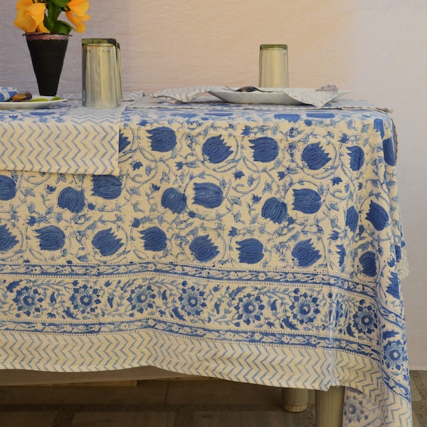 Indian Block Print Tablecloth, Floral Cotton Table Cover, Tablecloth Napkin Set, Dinning Tablecloth, French Table Cloth, Housewarming Gift