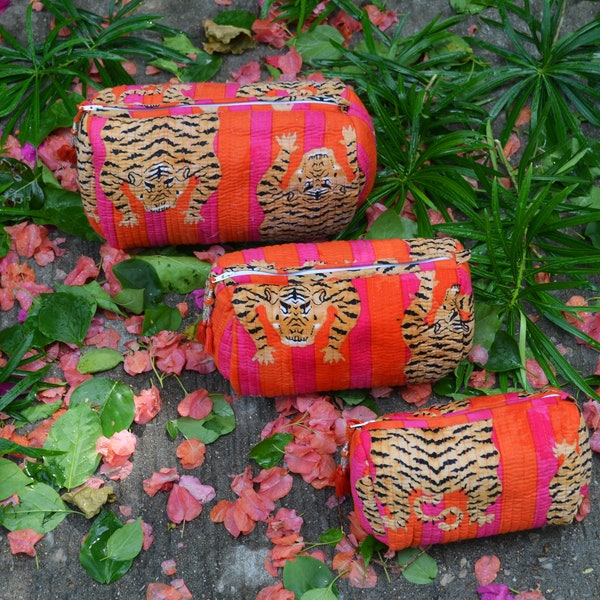 Set of 3 Pieces Indian Cotton Tiger Pattern Toiletry Bag, Indian Hand Block Print Woman Cosmetic Bag, Make Up Kit , Travel, Stationery  Bag