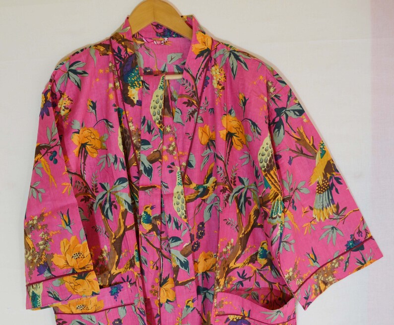 Indian Hand Block Print Kimono Robe Long Kimono Dressing Gown Bathrobe Cotton Kimono Dress Beach Wrap Cover Up Kaftan For Women,Kimono