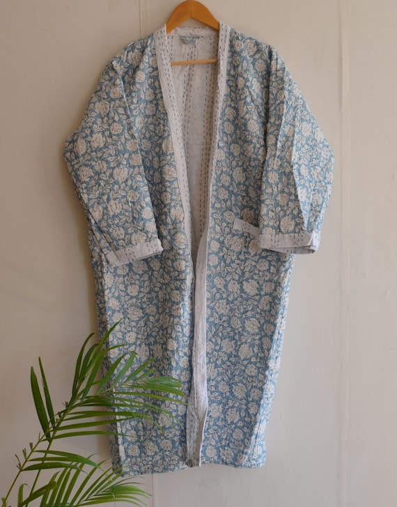 Indian Pure Cotton Bath Robe Men Night Wear Long Sleeve Gowns Printed Beach  Wear | eBay