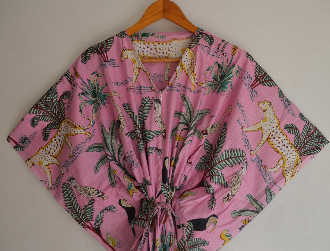 Zipper Caftan Indian Cotton Jungle Print Caftan, Beach Cover up