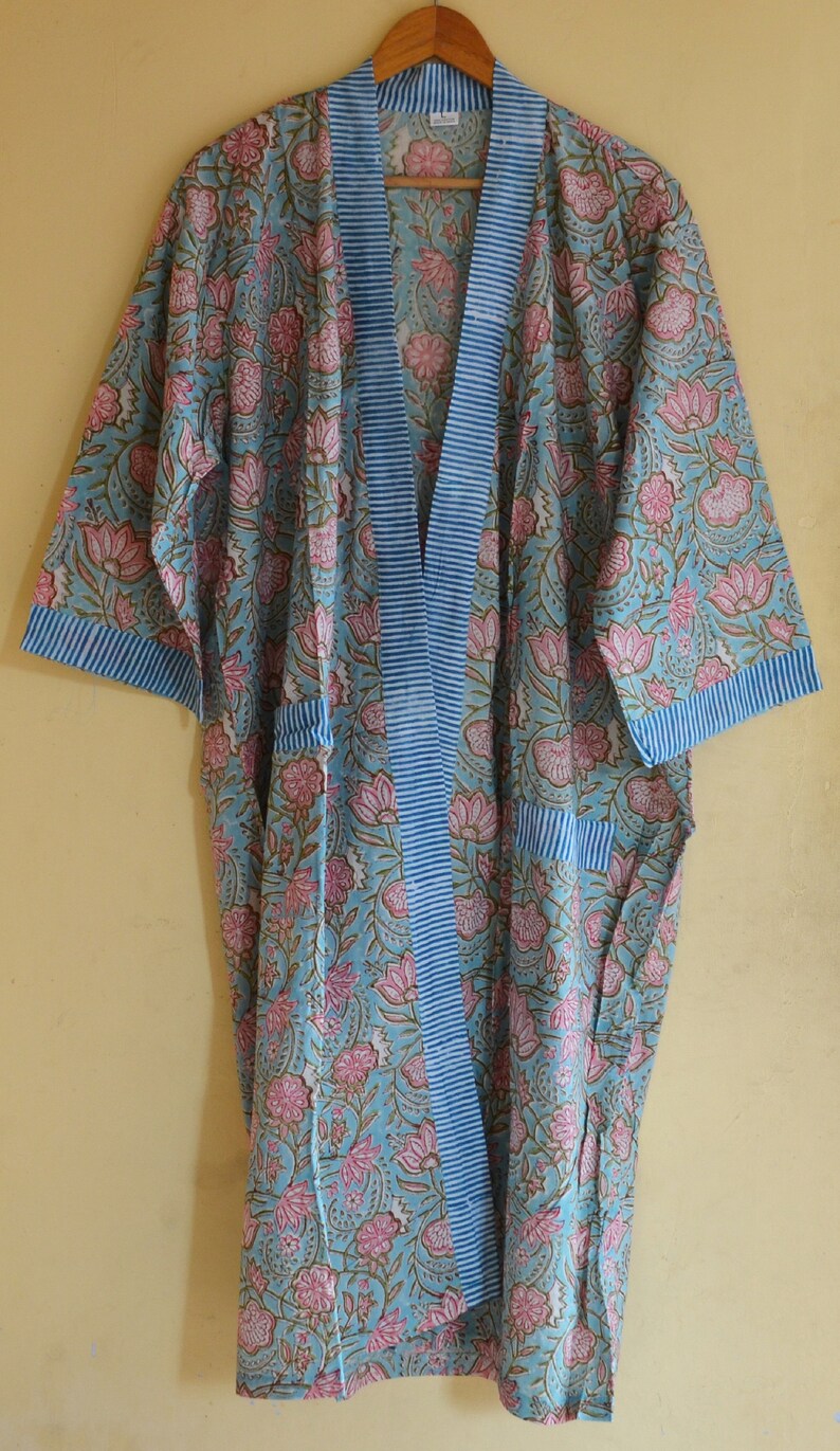 Indian 100/% Cotton Kimono Dress Night Wear Gown Floral Printed Women Tunic Long Dress Throw Ethnic Kaftan Beach Cover up Hand Block Print