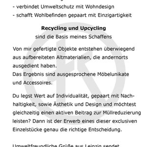 May include: A black and white text document with the title "TK-Designs". The text describes the company's commitment to sustainable furniture and accessories made from recycled materials. The document includes the text "Recycling and Upcycling are the basis of my work".