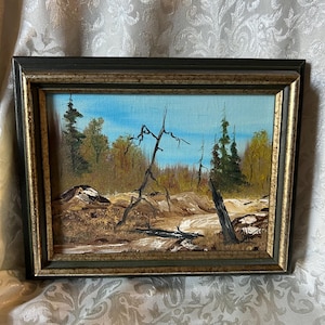 Vintage Landscape Original Oil Painting on Canvas in Wooden Frame Signed