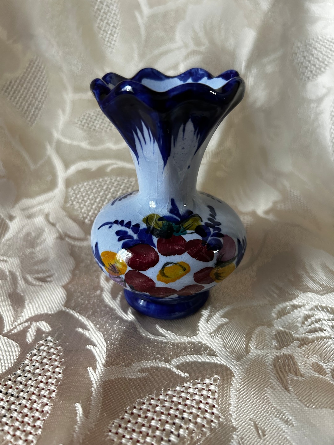 Blue Pottery Small Vase Hand Painted With Red and Yellow Flowers Made ...