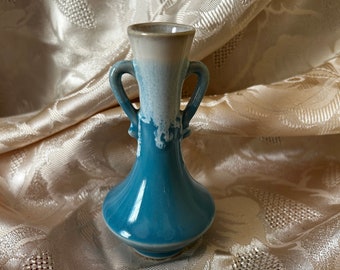 Vintage Vase Drip Glazed Double Handle Ombre Blue White Pottery Miniature