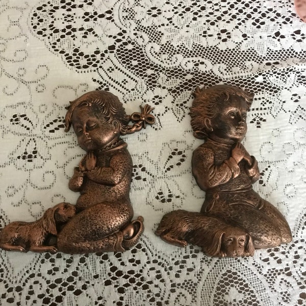 Praying Children Wall Plaques - Vintage Syroco Coppercraft Guild - Plastic Wall Art Decor Hangings - Boy, Girl, Puppy Dogs