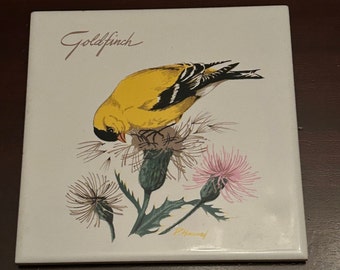 Vintage Yellow Goldfinch Art Tile Trivet P. Howard Screen Craft USA