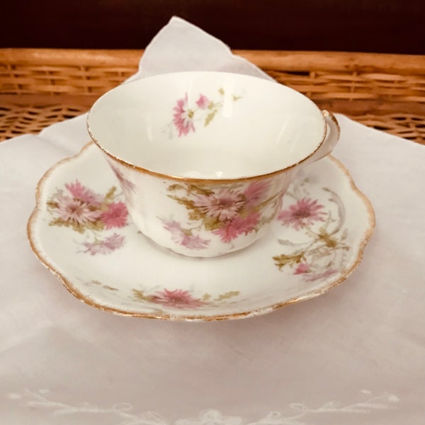 Limoges France A. Lanternier Antique Teacup & Saucer Roses pattern Signed