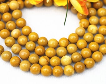 Jaspe mookaíta amarillo natural, cuentas redondas lisas de 4 mm, 6 mm, 8 mm, 10 mm y 12 mm. Venta al por mayor de cuentas de jaspe amarillo. Suministro de cuentas en tiras de 15 pulgadas.