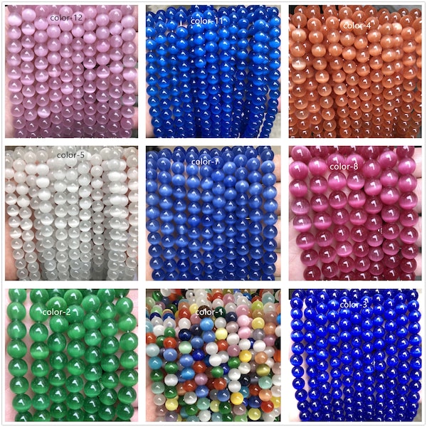 Perles rondes lisses multicolores naturelles oeil de chat, couleurs de perles oeil de chat au choix parmi l'offre en gros, fil 15" 4-16 mm couleur 27