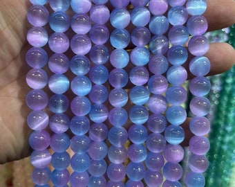 5A Natural Grade Gradient Cat Eye Real Selenite Loose Round Healing Stone Smooth Beads DIY Accessories 6-10mm