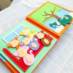 Personalized Nursery Rhymes Quiet Book, One Year Old Gift,  Five Little Monkeys Felt Busy Book with Hand Puppets, Baby Shark Song Soft Toy