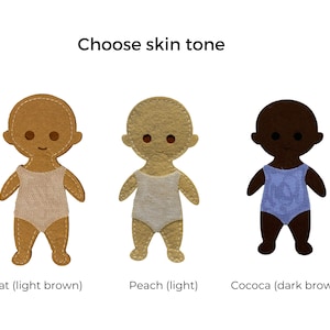 May include: Three felt dolls with different skin tones: wheat (light brown), peach (light), and cocoa (dark brown). Each doll is wearing a simple swimsuit.