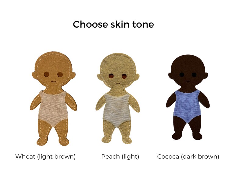 May include: Three felt dolls with different skin tones: wheat (light brown), peach (light), and cocoa (dark brown). Each doll is wearing a simple swimsuit.