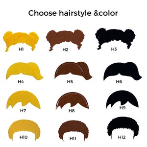 May include: Twelve different hairstyles in three colors: blonde, brown, and black. Each hairstyle is labeled with a number from H1 to H12.