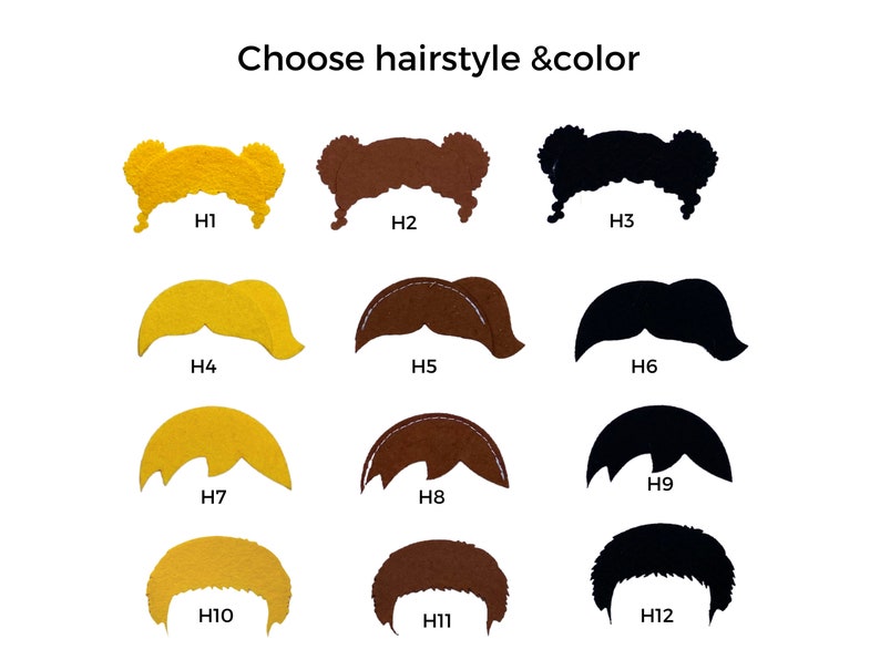 May include: Twelve different hairstyles in three colors: blonde, brown, and black. Each hairstyle is labeled with a number from H1 to H12.