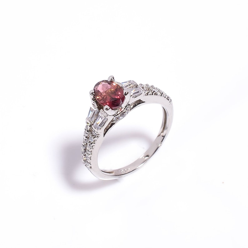 Natural Pink Tourmaline Cubic Zircon Handmade Ring Size USCA 6.5 925 Sterling Silver Oval Stone Ring Gift Christmas Ring. Tourmaline Ring