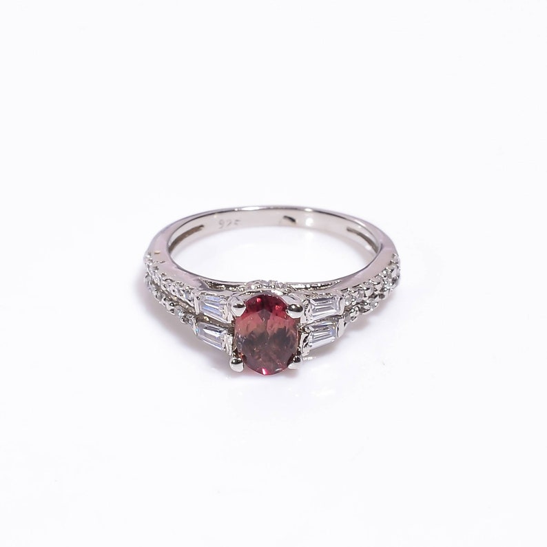 Natural Pink Tourmaline Cubic Zircon Handmade Ring Size USCA 6.5 925 Sterling Silver Oval Stone Ring Gift Christmas Ring. Tourmaline Ring