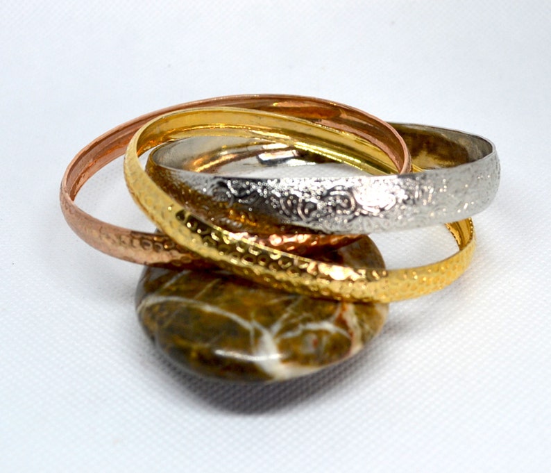 Minimalist Bangle Bracelets Stackable Set of 3 Interlocking Hoops Everyday Jewelry Gold Silver Rose Gold Thin Skinny Textured Mixed Metal
