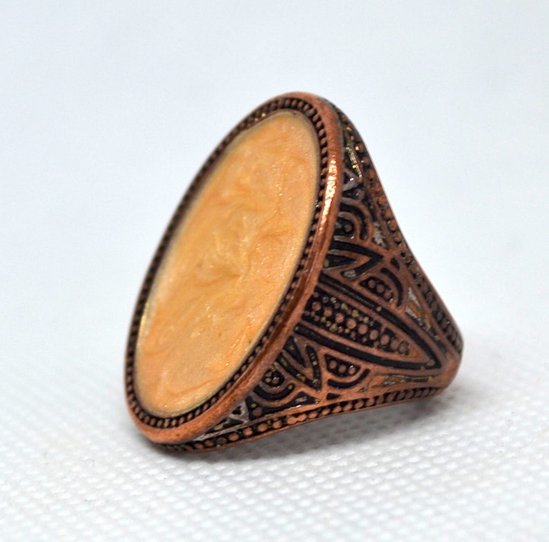 Funky 7th Anniversary Gift Bohemian Round Inlay Hippie Chunky Copper Statement Ring Large Oval Rose Copper Retro Ring Boho Rustic