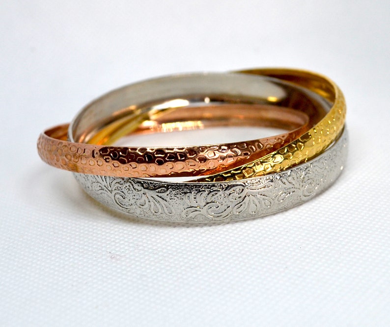 Minimalist Bangle Bracelets Stackable Set of 3 Interlocking Hoops Everyday Jewelry Gold Silver Rose Gold Thin Skinny Textured Mixed Metal
