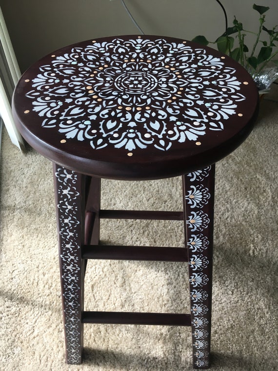 Harmony Mandala Antique Hand Painted Wooden Stool Etsy