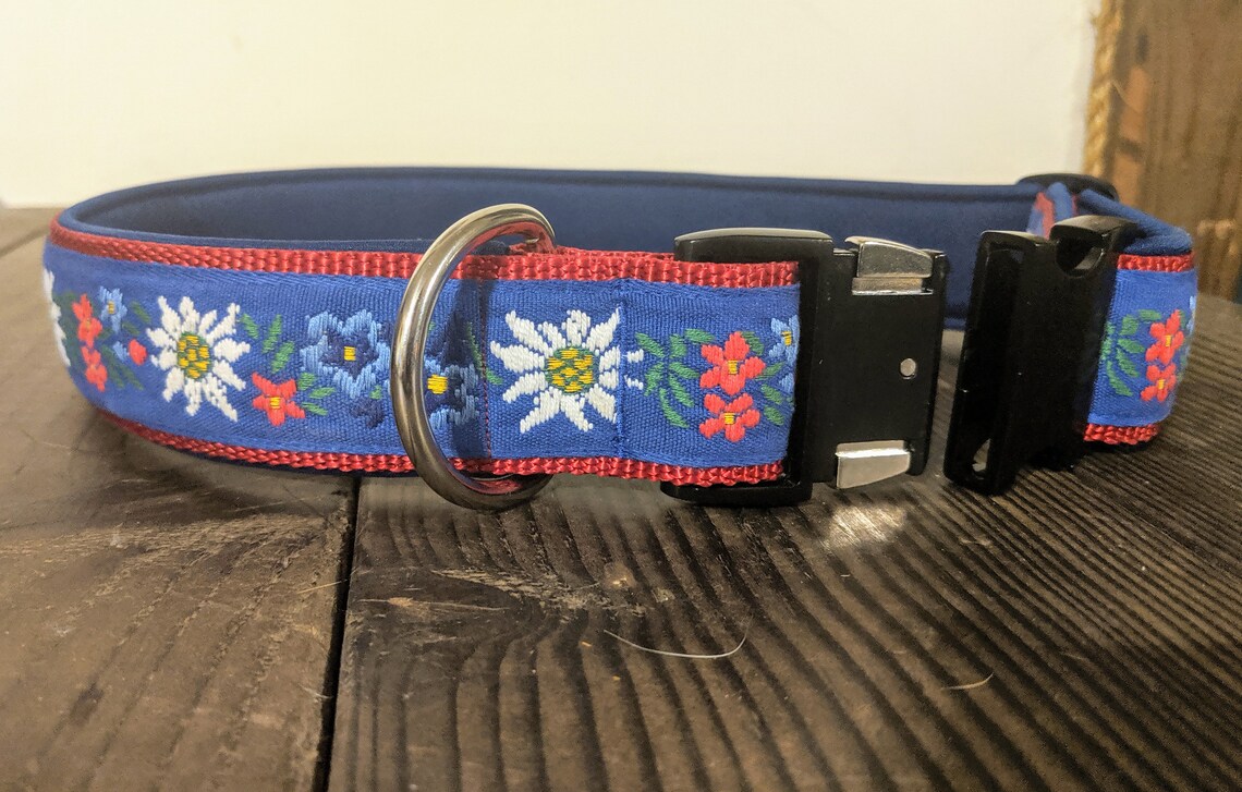SWISS DOG COLLAR 1.5 Blue Flower Ribbon Red Nylon Etsy