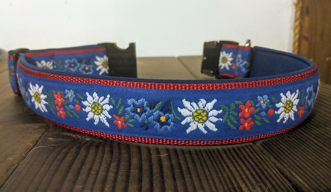 SWISS DOG COLLAR 1.5 Blue Flower Ribbon Red Nylon | Etsy