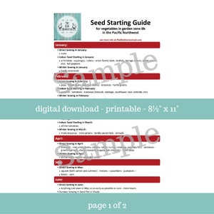 May include: A printable seed starting guide for vegetables in garden zone 8b in the Pacific Northwest. The guide is divided into months, with a list of vegetables to direct sow, start indoors, or winter sow. The guide is 8 1/2 inches by 11 inches.