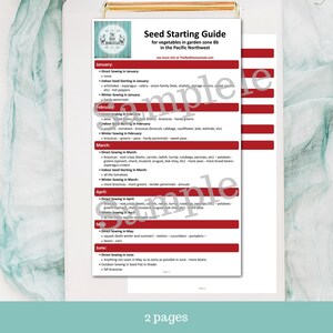 May include: A printable seed starting guide for vegetables in garden zone 8b in the Pacific Northwest. The guide lists the months of the year and the vegetables that can be sown directly, started indoors, or winter sown.