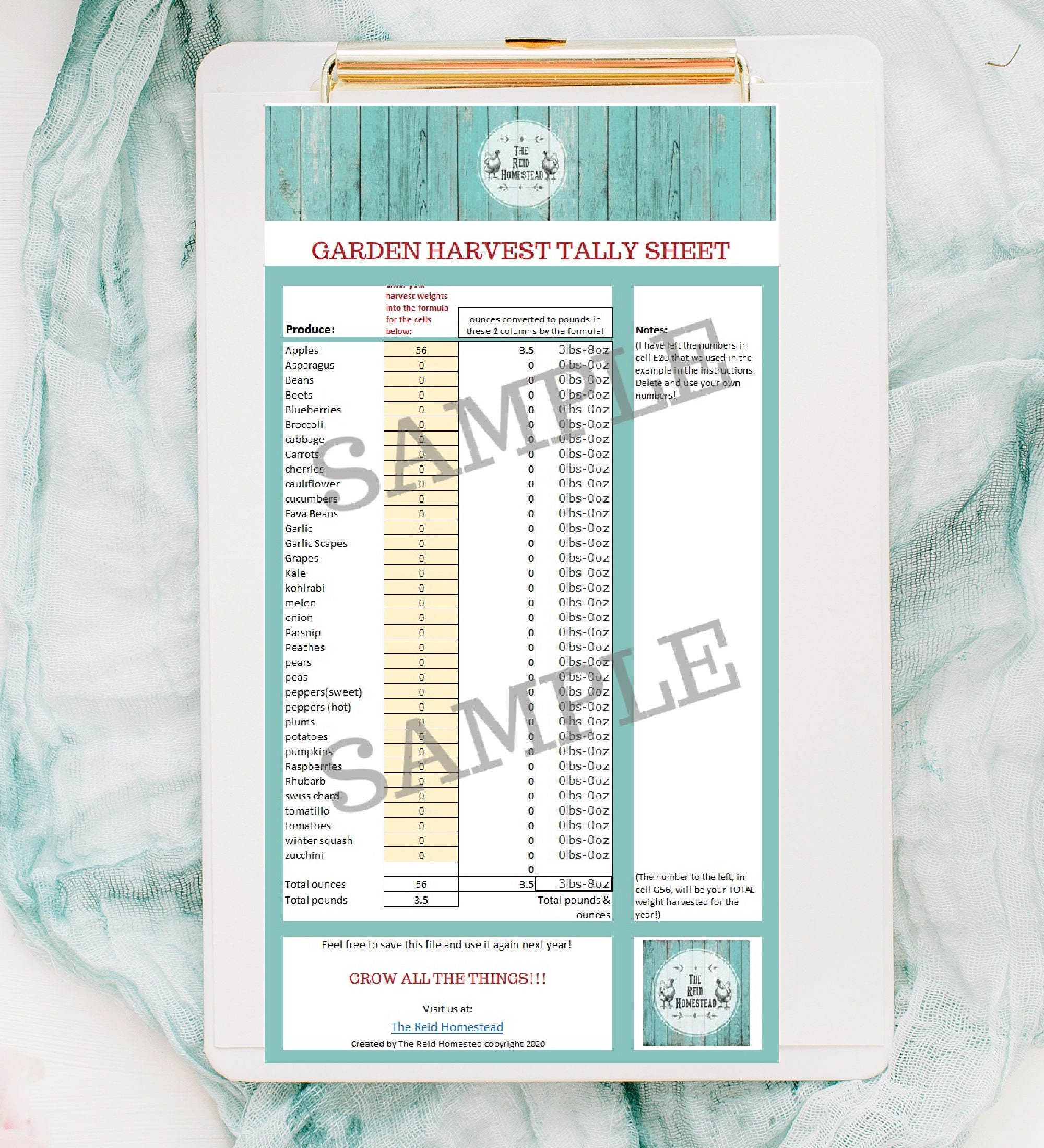 Garden Harvest Tracker Spreadsheet Vegetable Gardening Log Tally Sheet