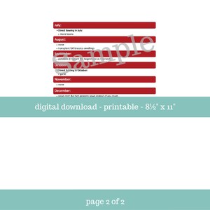 May include: A printable gardening chart with a red background and white text. The chart lists the months of the year and suggests what to plant each month. The chart is 8 1/2 inches by 11 inches.