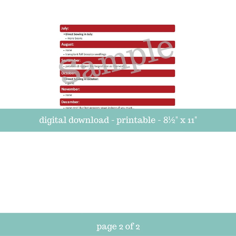 May include: A printable gardening chart with a red background and white text. The chart lists the months of the year and suggests what to plant each month. The chart is 8 1/2 inches by 11 inches.
