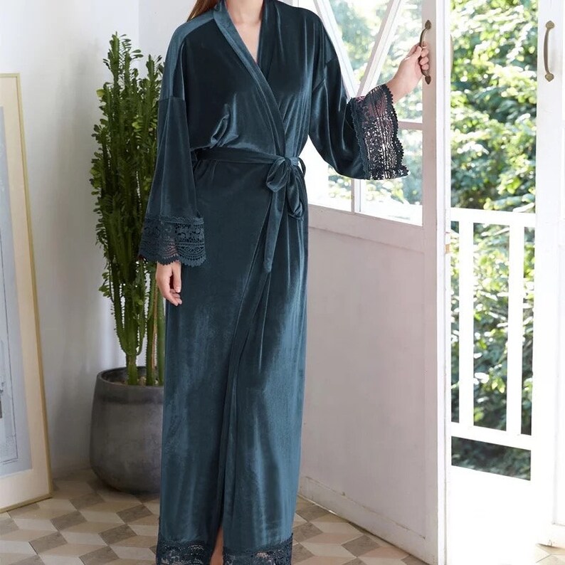 Gifts Wedding Bridal Robes Luxurious Long Twilight Grey Blue Couture Velvet Kimono Bridesmaids Customisable Mother Of The Bride