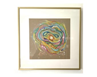 Intuitive Originalzeichnung: „Dein eigenes, einzigartiges Licht“ mit Farbstift, gerahmt + cremeweißer Rahmen 40x40cm