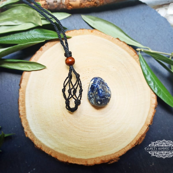 Macrame stone holder necklace, Sodalite long pendant necklace, Interchangeable crystal necklace, Stone necklace for man, Unisex jewelry